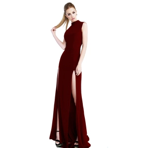 Elegant sleeveless high-neck maxi dress in dark red with double side slits for parties