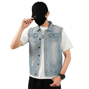 Slim fit light blue distressed denim vest for men with ripped holes and buttoned pockets