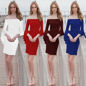 Abito Midi da Donna Elegante Con Spalle Scoperte e Maniche a Campana Sexy Aderente Tinta Unita Poliestere Bodycon per Banchetti e Feste