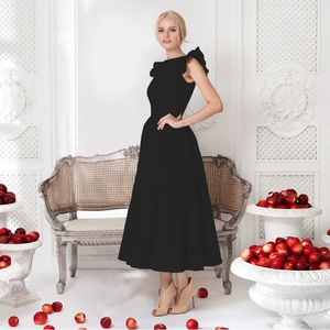 Elegant black sleeveless midi dress with ruffled shoulder detail and flared A-line skirt