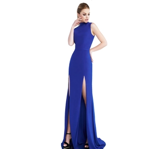 Elegant royal blue sleeveless evening gown with high collar and side slits