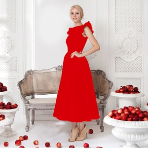Elegant red midi dress with ruffled cap sleeves and an A-line skirt for women