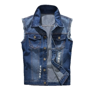 Slim fit men's dark blue distressed denim vest with frayed armholes and chest pockets