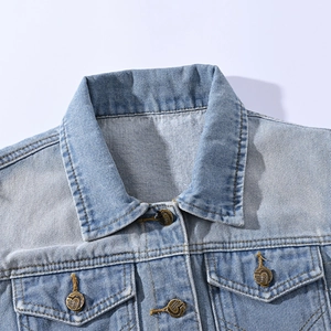 Men's slim fit light blue washed denim vest with metal buttons and chest pockets