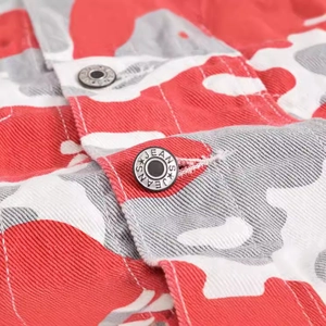 Red camo denim jacket for men featuring metallic buttons and high-quality twill fabric