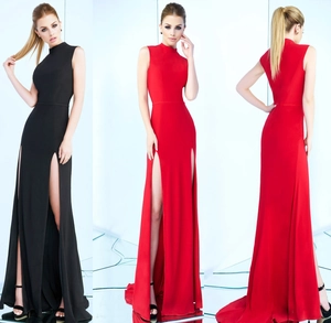 Detailed view of sleeveless evening dress with high double slits and slim fit waistline