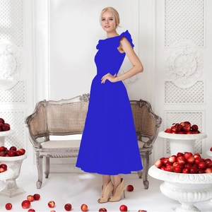 Detail of royal blue A-line midi dress with ruffle sleeve design and flared hemline