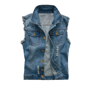 Men's slim fit distressed denim vest in mid-blue with ripped details and frayed edges