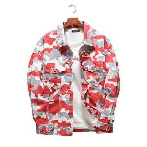 Men's loose red camouflage denim jacket with drop shoulder design and metal buttons