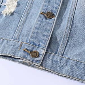 Light blue distressed denim vest with heart-shaped metal buttons and yellow stitching details