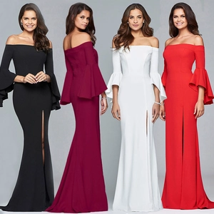 Damen Sexy Schulterfrei Glockenärmel Abendkleid Elegant Hoher Schlitz Formales Maxikleid Schlanke Passform Partykleid