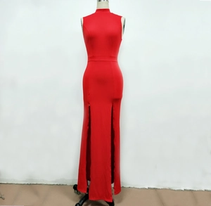 Detail view of red sleeveless maxi dress with high collar and stylish side slits