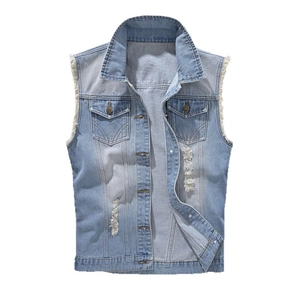 Men's light blue distressed denim vest with ripped details and raw hem in a slim fit style