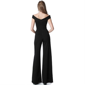 Elegant black off-shoulder wide leg jumpsuit with a slim fit back view for women