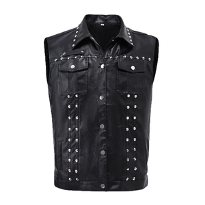 Men's punk style black faux leather vest with decorative silver studs and metal buttons