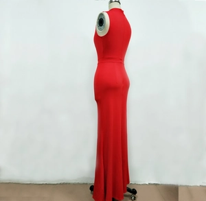 Side view of elegant red sleeveless high neck maxi dress on a professional mannequin
