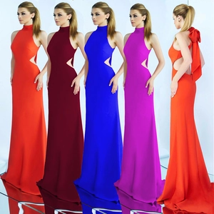 Abito Maxi da Donna con Scollo all'Americana Schiena Scoperta Aderente Elegante da Sera con Grande Fiocco Abito da Cerimonia
