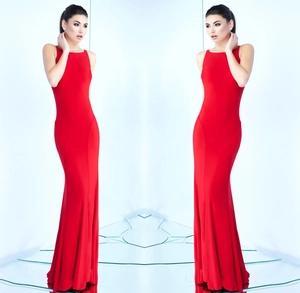 Macro shot of elegant red sleeveless slim fit evening gown with high-elastic fabric detail