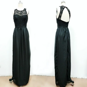 Front and back detail of black lace evening dress with open back and chiffon skirt