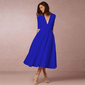 Elegant deep V-neck midi dress in royal blue with half sleeves and a wide flared skirt