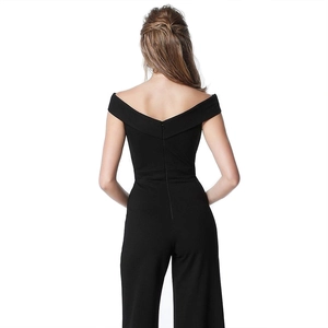 Detail of off-shoulder jumpsuit back view with slim fit cut and invisible zipper