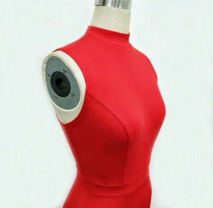 Detail of red sleeveless mock neck dress with high-saturation elastic knit fabric on a mannequin