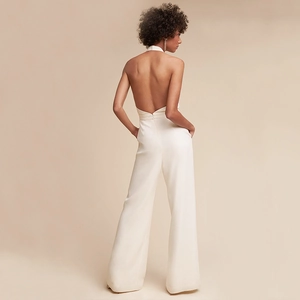 Elegant white halter neck backless jumpsuit for formal parties and evening occasions