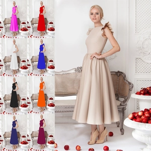 Women's Elegant Ruffle Sleeve Midi Dress Round Neck High Waist A-Line Formal Wedding Party Cocktail Dress