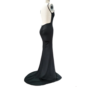 Elegant black backless fishtail evening gown with a sleek floor-length slim fit design