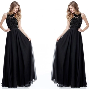 Elegant black sleeveless evening gown with lace embroidery, sequins and a flowy chiffon skirt
