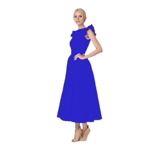 Elegant royal blue midi dress with ruffled shoulders and A-line skirt on white background