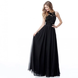 Elegant black sleeveless chiffon floor-length evening gown with sequined lace embroidery