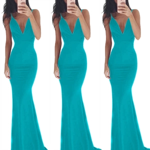 Detail view of lake blue V-neck backless mermaid evening gown with thin straps