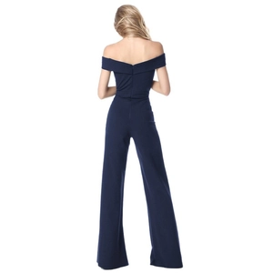 Elegant navy off-shoulder jumpsuit with a slim waist and wide-leg trousers from the back view