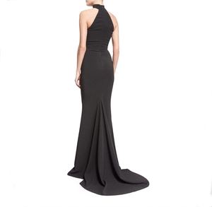 Elegant halter neck backless detail of black mermaid evening gown for formal galas