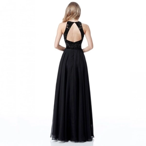 Elegant black halter neck chiffon evening gown with beaded lace back detail