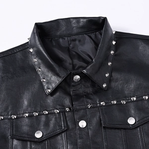 Men's punk leather vest with silver metallic rivets and stylish biker collar detail