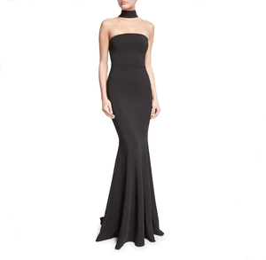 Detail of elegant black strapless mermaid dress with matching fabric choker accessory