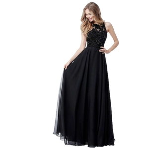 Elegant black long evening dress with lace bodice and flowing chiffon layered skirt