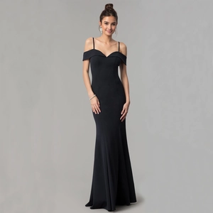 Elegant black off-the-shoulder evening gown with spaghetti straps and mermaid hemline