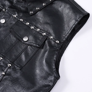 Men's punk style black leather vest featuring metallic silver studs and classic lapel