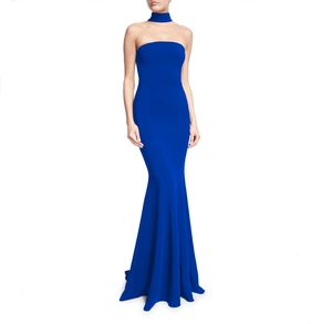 Elegant royal blue floor-length fishtail evening gown with matching choker and tube top