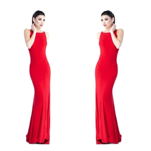 Elegant red floor-length bodycon evening gown with sleeveless mermaid silhouette design