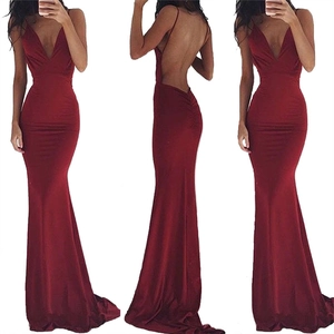 Elegant wine red satin evening gown with backless mermaid silhouette and deep V-neck