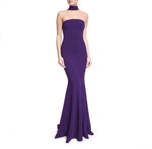 Detail view of purple strapless mermaid evening dress with a matching choker accessory