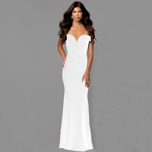 Elegant white off-the-shoulder evening gown with spaghetti straps and a fisheye hemline