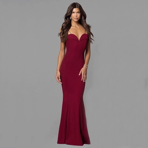 Detailed view of burgundy off-shoulder evening dress with sweetheart neckline and fishtail hem
