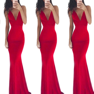 Detailed view of red sexy deep V-neck backless evening gown with mermaid fishtail silhouette