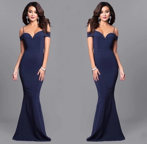 Detailed view of dark blue off-shoulder mermaid evening gown with slim fit cut