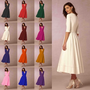 Women Elegant V-Neck Half Sleeve Midi Dress Slim Fit A-Line Flared Hem Evening Gown Formal Banquet Party Wedding Dress